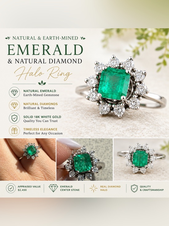 Jewelry - Natural Emerald and Diamond 18k White Gold Ring - size 7
